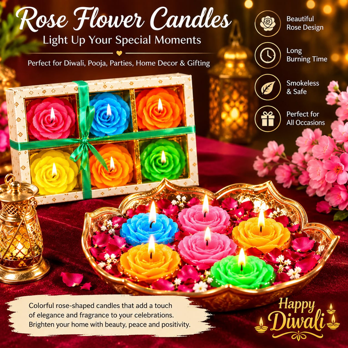 Diwali Diya Decoration Floating Smokeless Dripless Long Lasting Wax Flower 6 Pcs