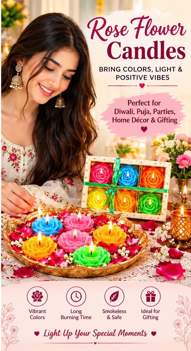 Diwali Diya Decoration Floating Smokeless Dripless Long Lasting Wax Flower 6 Pcs