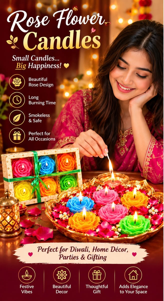 Diwali Diya Decoration Floating Smokeless Dripless Long Lasting Wax Flower 6 Pcs